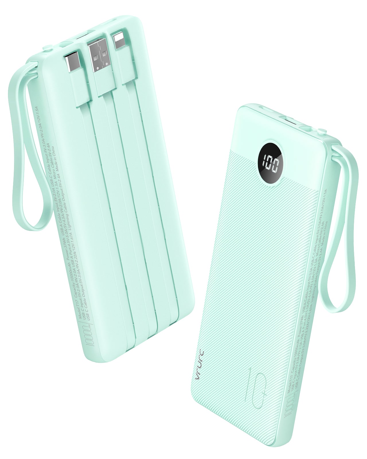 VRURC T17 10000mAh Built-in Cables Fast Charging Power Bank VRURC T17 10000mAh Built-in Cables Fast Charging Power Bank