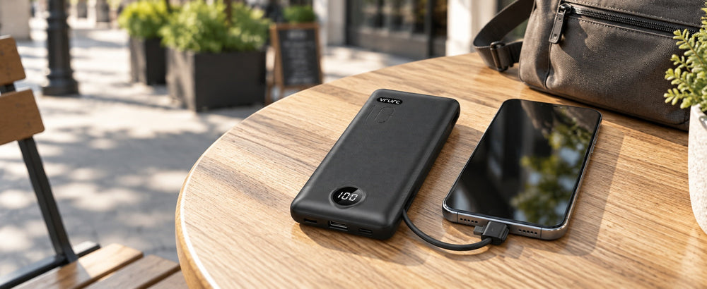 Black VRURC 10000mAh power bank charging a smartphone with its built-in cable on an outdoor café table.