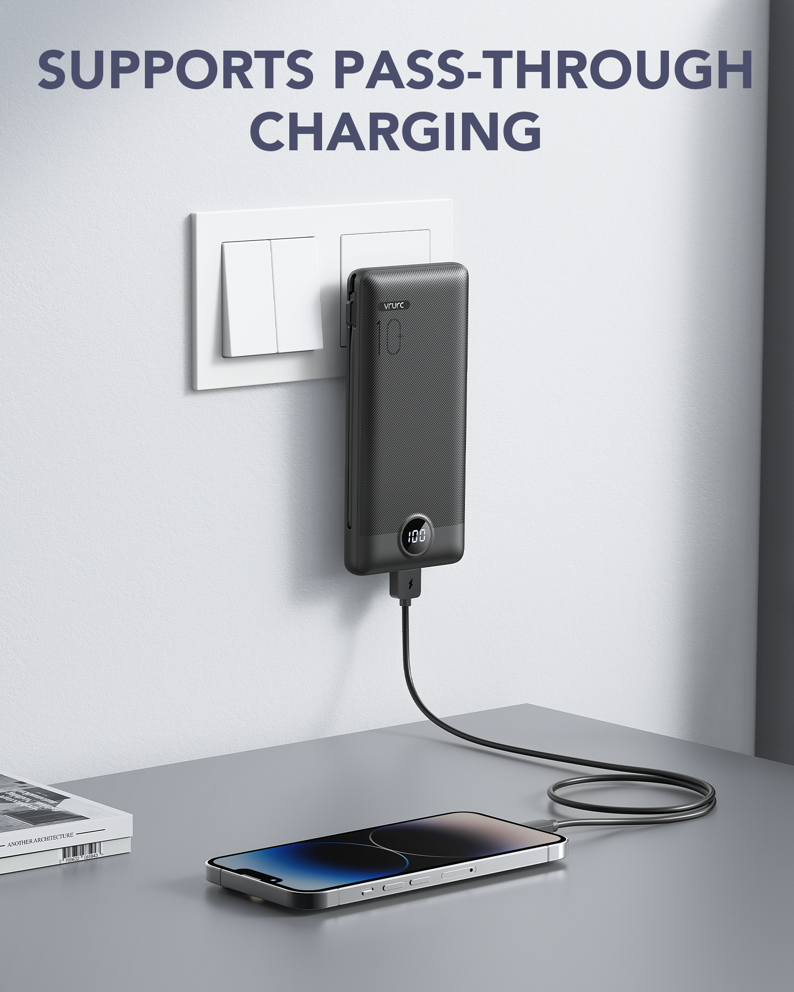 10000mAh  Portable Charger with Built-In Cables and AC Wall Plug
