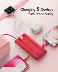 10000mAh Power Bank Built in Cables for iPhone, Slim Compact Travel Essentail, 5 Outputs 2 Inputs USB C Battery Pack