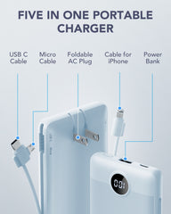 10,000mAh 22.5W Power Bank, Built-in Cables & AC Plug, 5-in-1