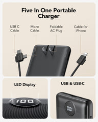 10,000mAh 22.5W Power Bank, Built-in Cables & AC Plug, 5-in-1