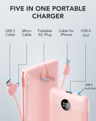 10,000mAh 22.5W Power Bank, Built-in Cables & AC Plug, 5-in-1