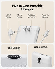 10,000mAh 22.5W Power Bank, Built-in Cables & AC Plug, 5-in-1