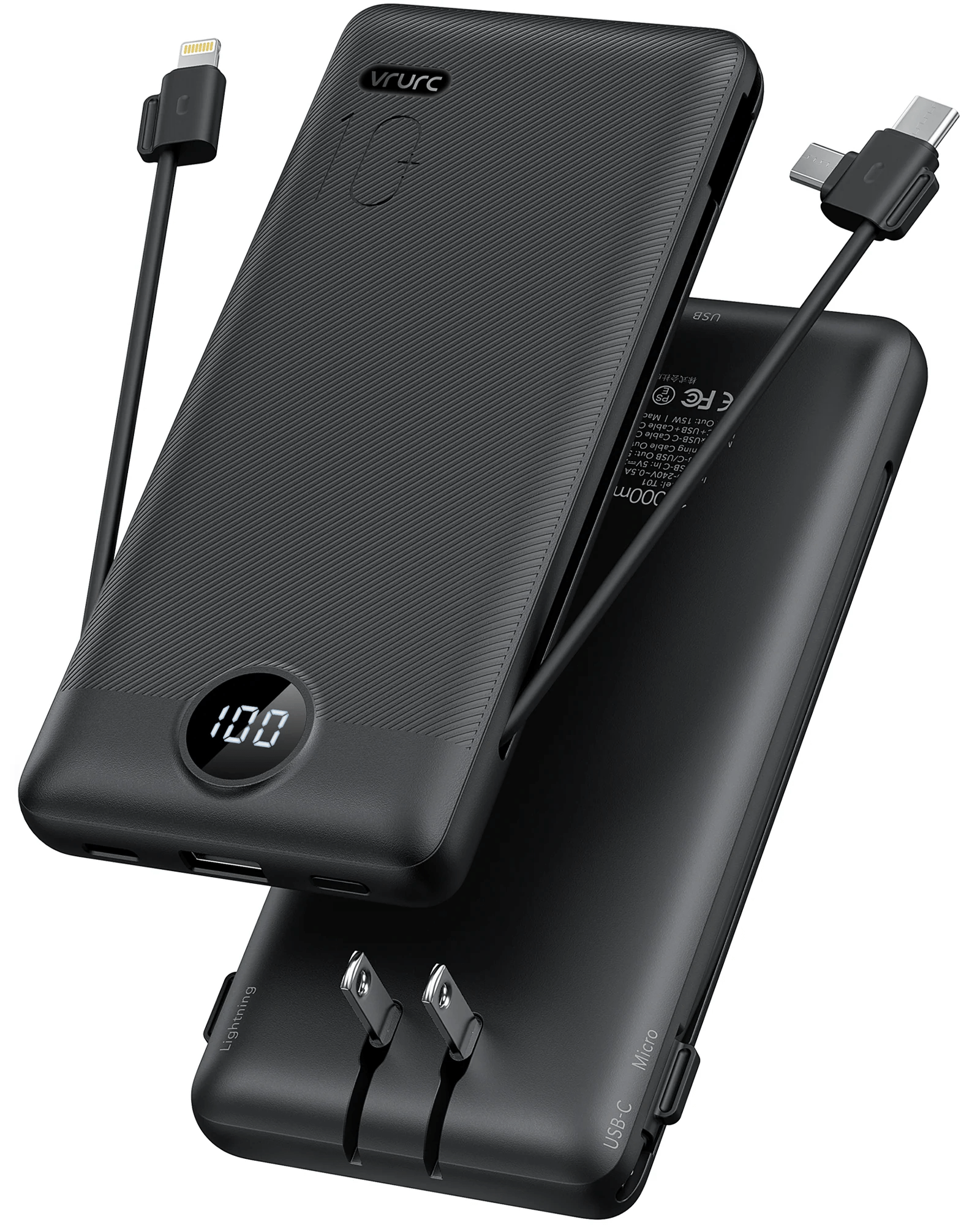 VRURC T01 Portable Charger Built-in Cables and AC Wall Plug - Black