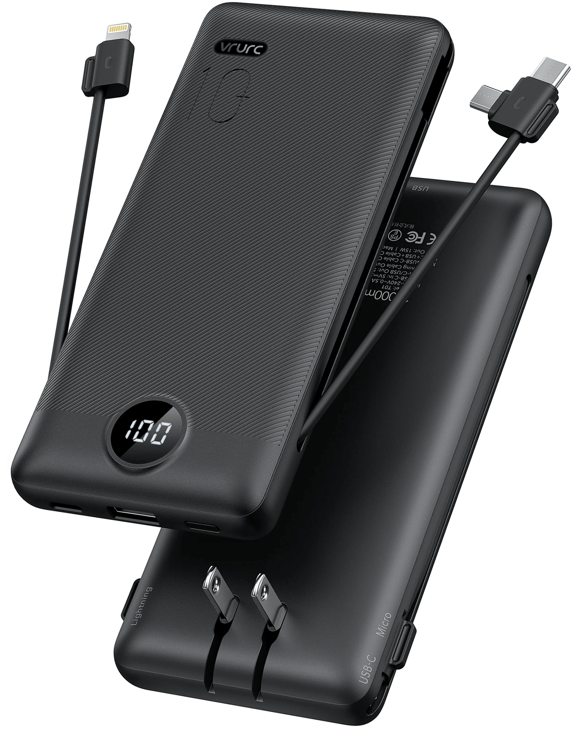 VRURC T01 Portable Charger Built-in Cables and AC Wall Plug - Black