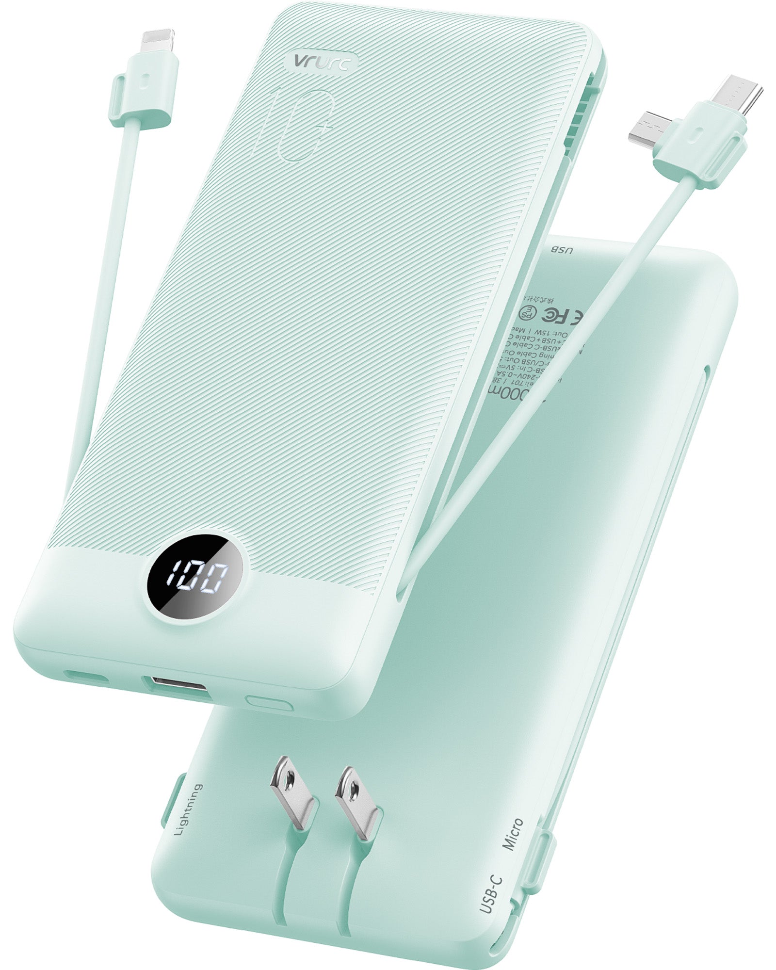 VRURC T01 Portable Charger Built-in Cables and AC Wall Plug - Cyan