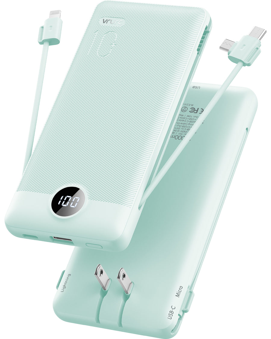 10000mAh Portable Charger Built-in Cables and AC Wall Plug, USB C Power Bank