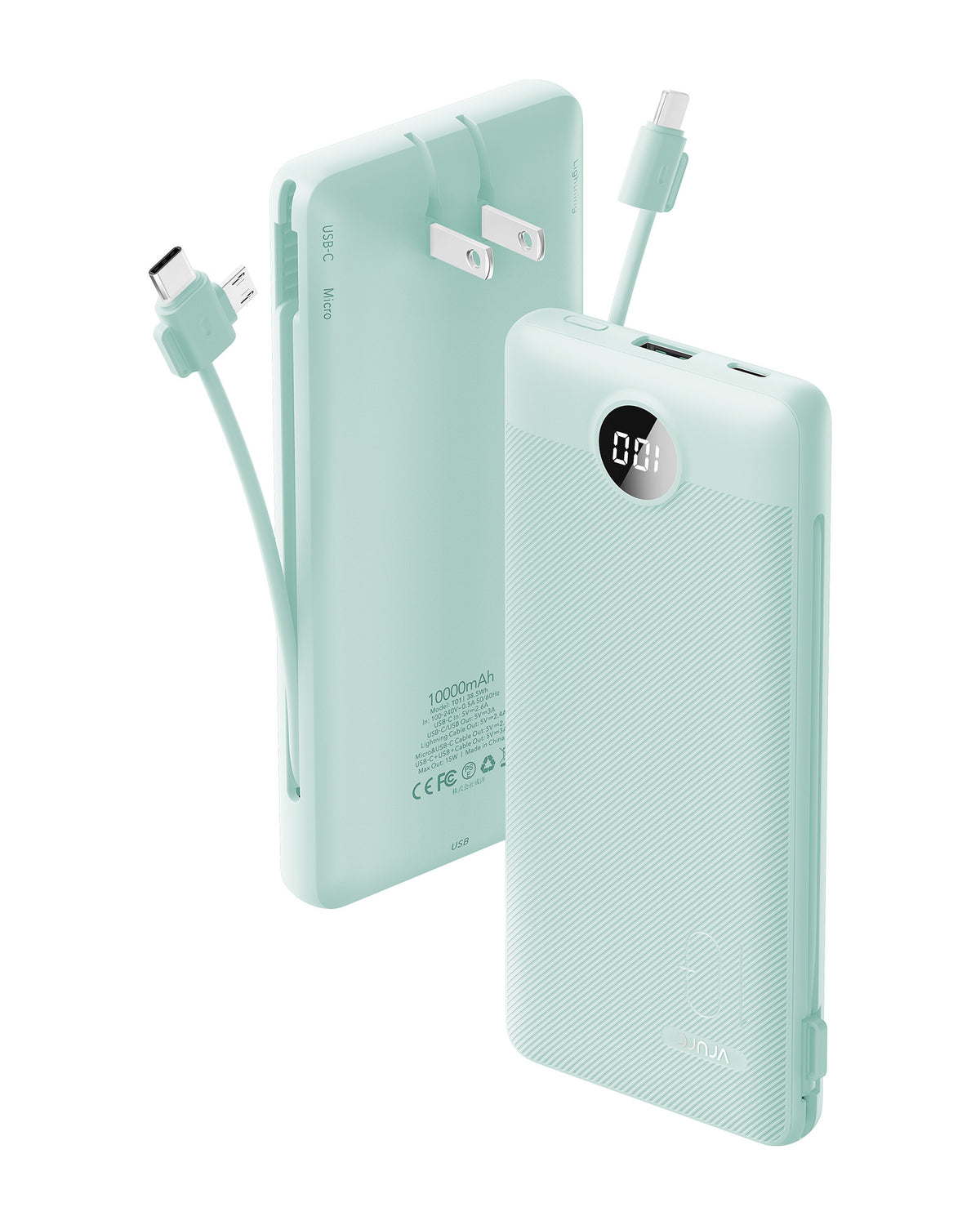 VRURC T01 Portable Charger Built-in Cables and AC Wall Plug - Cyan