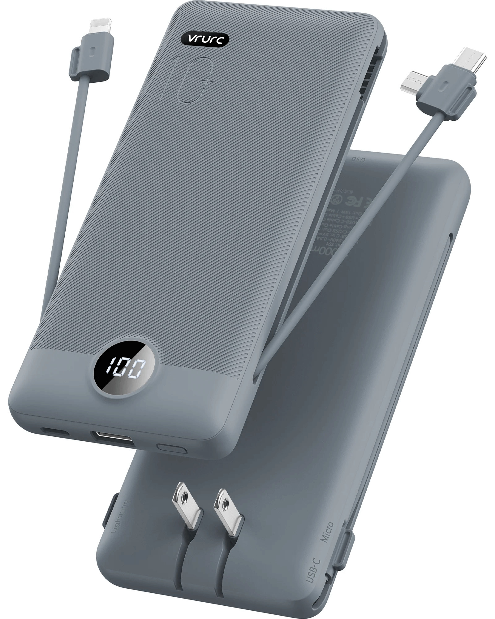 VRURC T01 Portable Charger Built-in Cables and AC Wall Plug - Grey