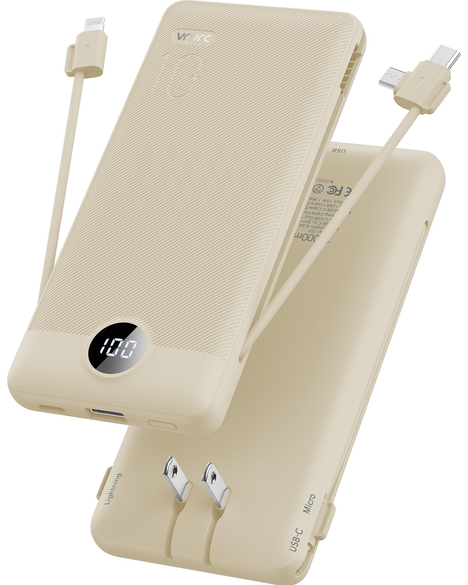 VRURC T01 Portable Charger Built-in Cables and AC Wall Plug - Light Brown