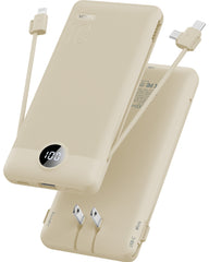 VRURC T01 Portable Charger Built-in Cables and AC Wall Plug - Light Brown
