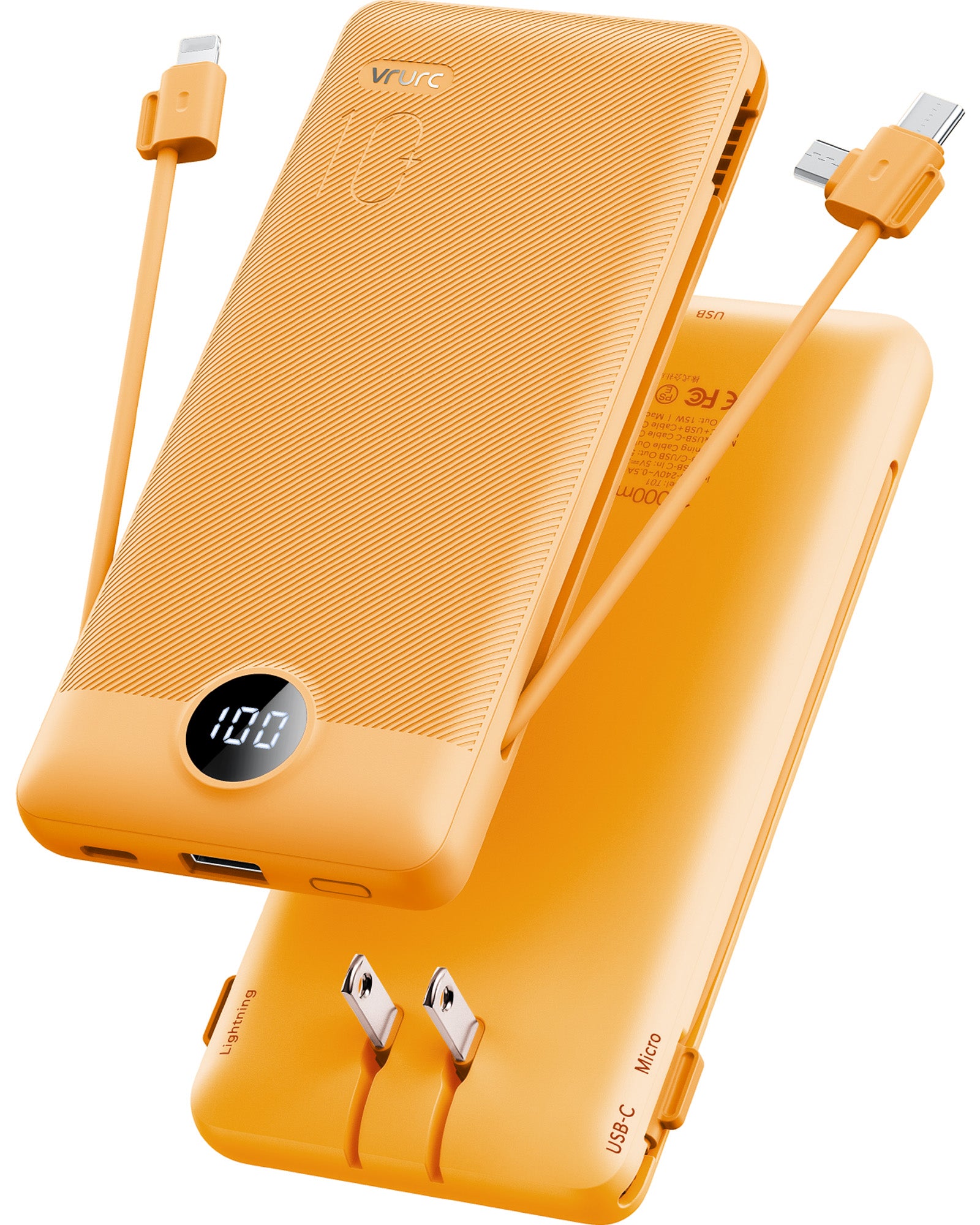 VRURC T01 Portable Charger Built-in Cables and AC Wall Plug - Orange
