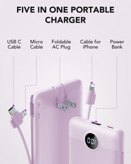 10,000mAh 22.5W Power Bank, Built-in Cables & AC Plug, 5-in-1