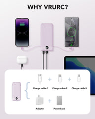 10,000mAh 22.5W Power Bank, Built-in Cables & AC Plug, 5-in-1