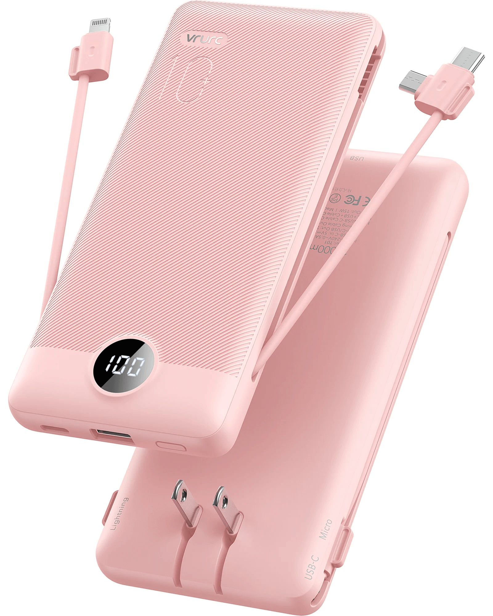 VRURC T01 Portable Charger Built-in Cables and AC Wall Plug - Pink
