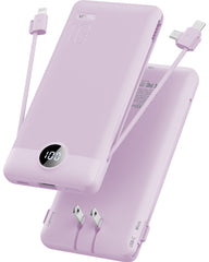 VRURC T01 Portable Charger Built-in Cables and AC Wall Plug - Purple