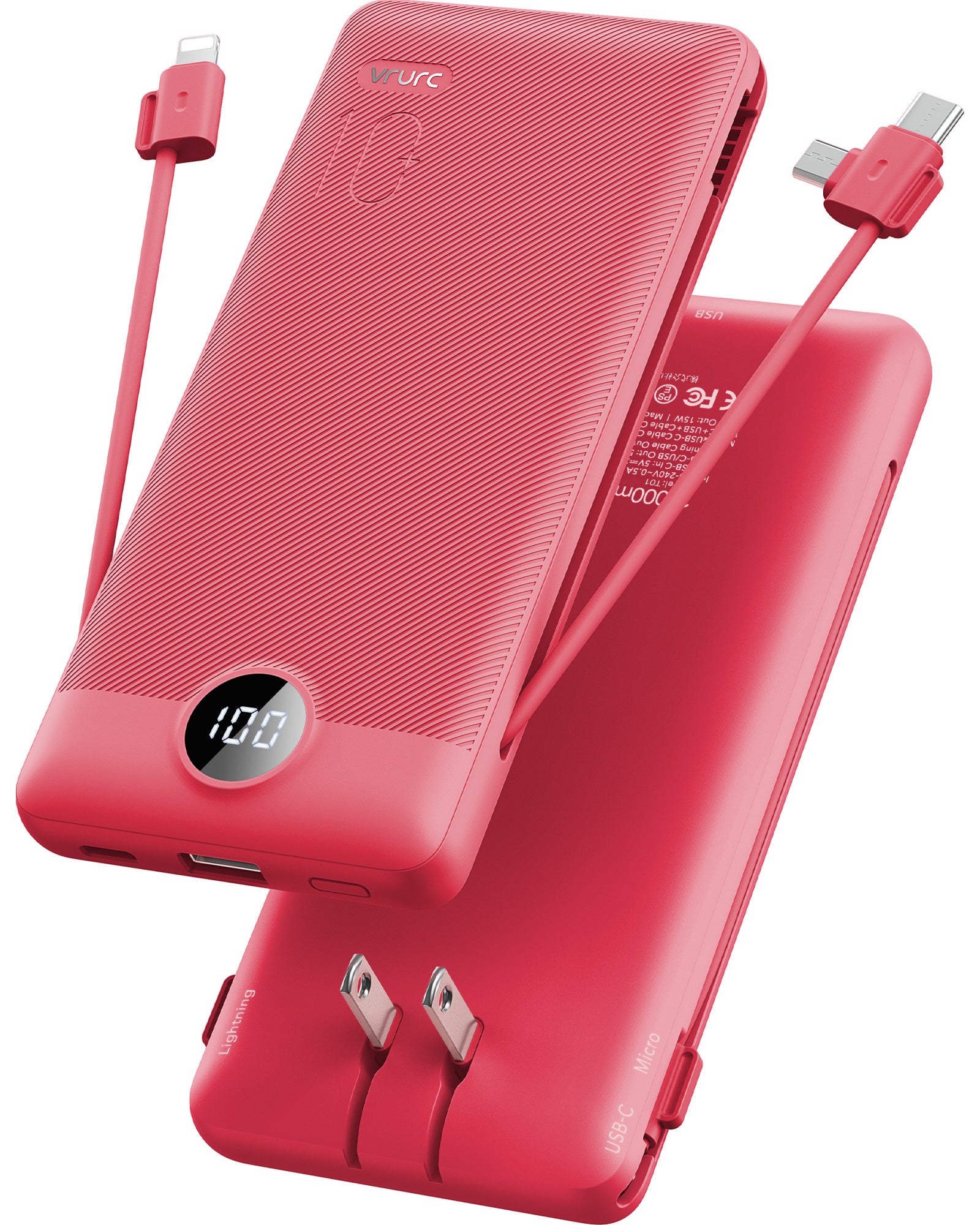 VRURC T01 Portable Charger Built-in Cables and AC Wall Plug - Red