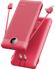 VRURC T01 Portable Charger Built-in Cables and AC Wall Plug - Red
