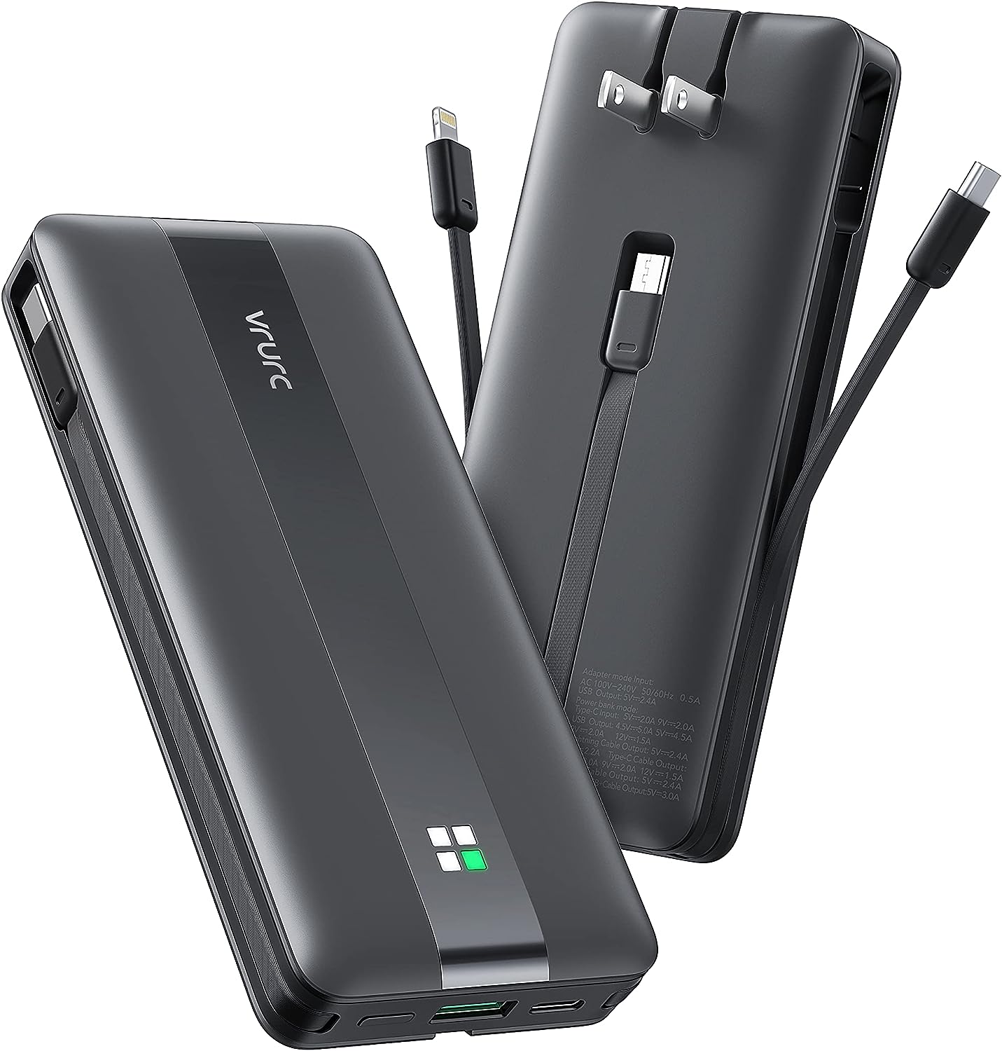 10000mAh Power Bank with Built-in Cable & Plug - Black