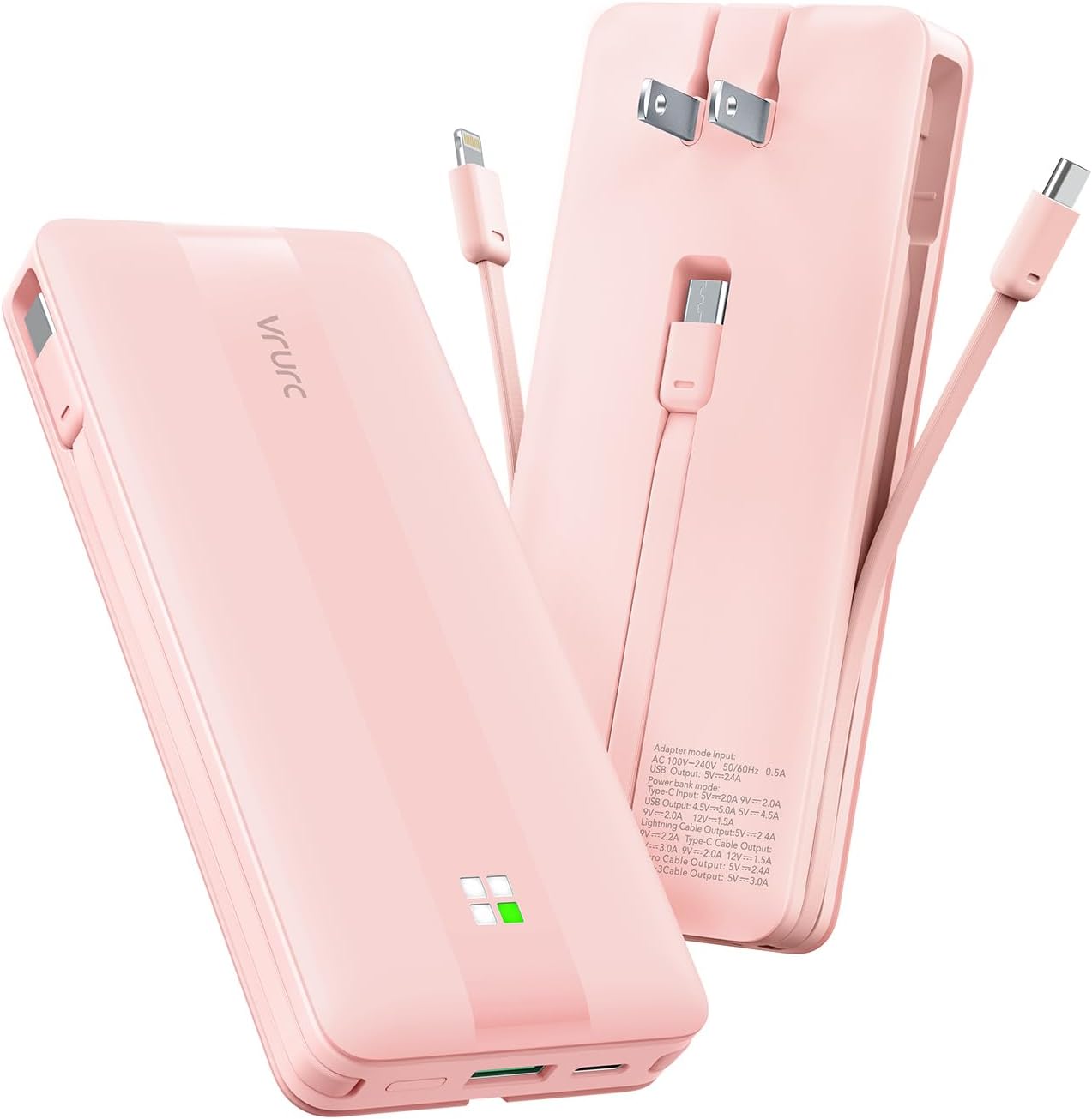 10000mAh Power Bank with Built-in Cable & Plug - Pink