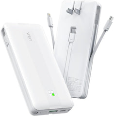 10000mAh Power Bank with Built-in Cable & Plug - White