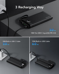 10,000mAh 4-Output/2-Input Built-in-Cable Power Bank
