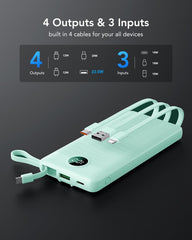 10,000mAh 4-Output/2-Input Built-in-Cable Power Bank