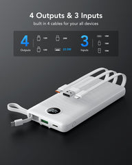 10,000mAh 4-Output/2-Input Built-in-Cable Power Bank