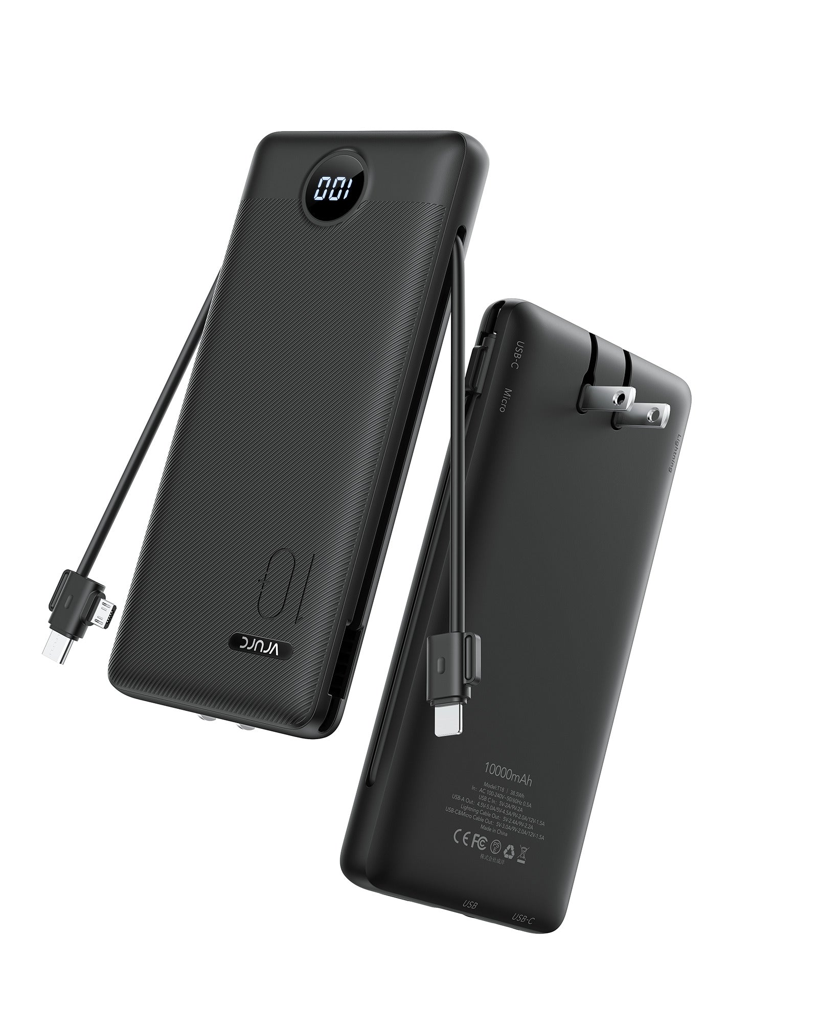 VRURC Slim Portable Charger 10000mAh with Wall Plug - Black