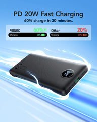 10,000mAh 22.5W Slim Power Bank, Built-in Cables & AC Plug