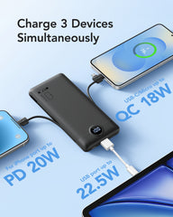 10,000mAh 22.5W Slim Power Bank, Built-in Cables & AC Plug