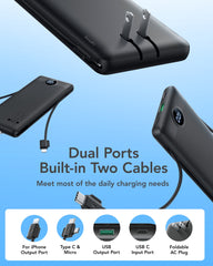 10,000mAh 22.5W Slim Power Bank, Built-in Cables & AC Plug