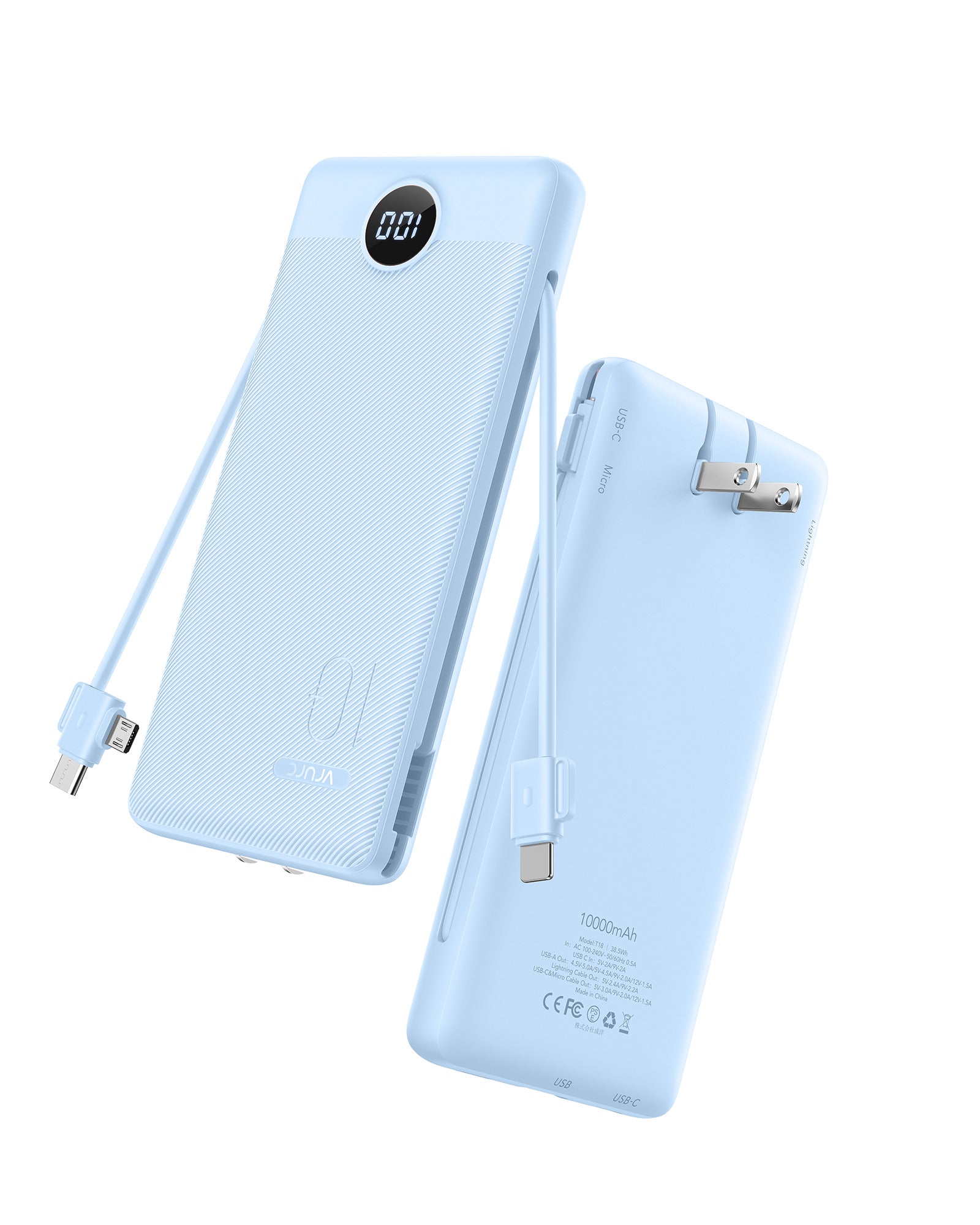 VRURC Slim Portable Charger 10000mAh with Wall Plug - Blue