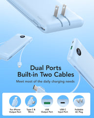 10,000mAh 22.5W Slim Power Bank, Built-in Cables & AC Plug