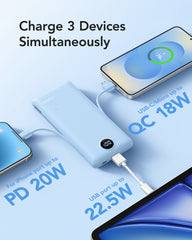 10,000mAh 22.5W Slim Power Bank, Built-in Cables & AC Plug