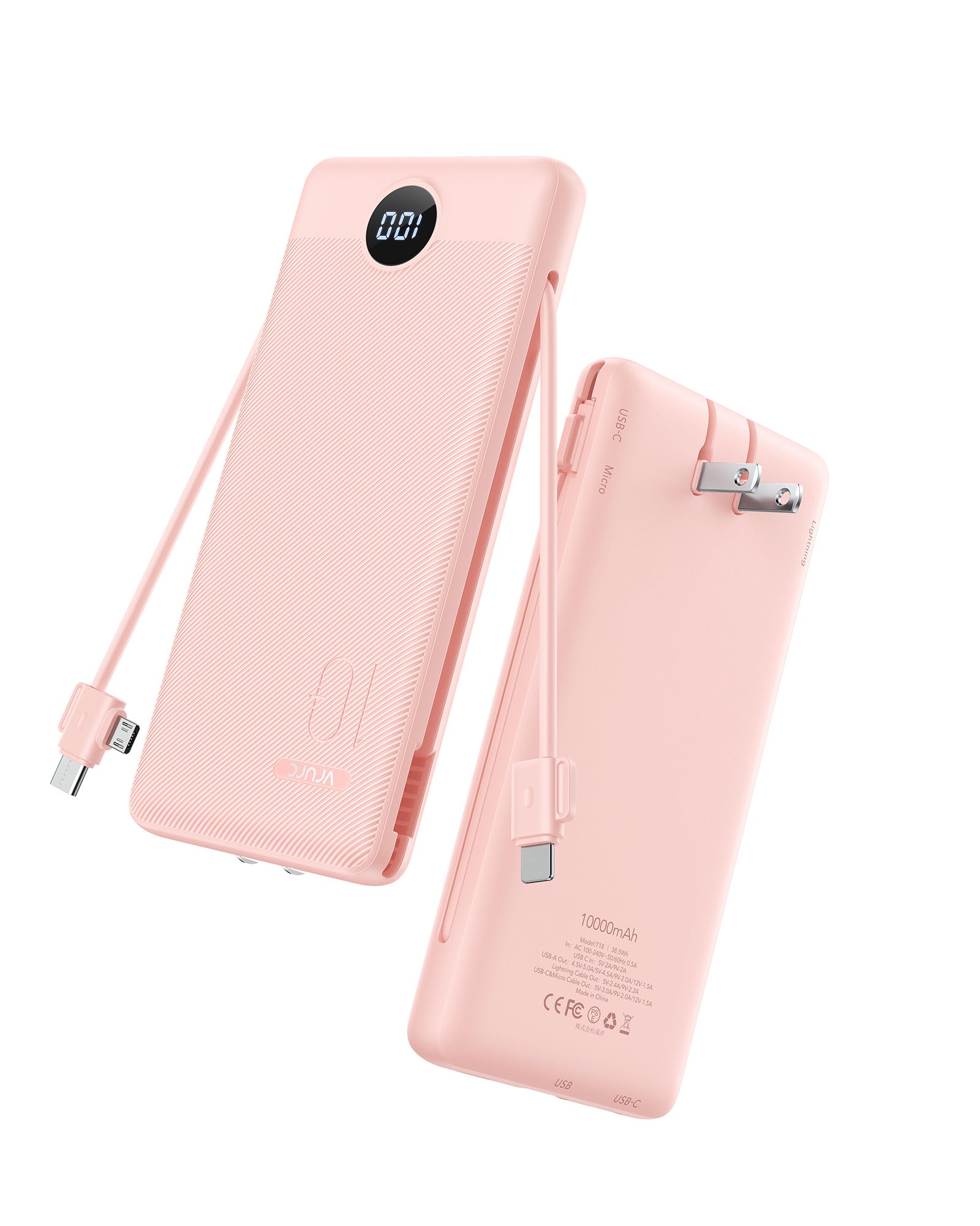 VRURC Slim Portable Charger 10000mAh with Wall Plug - Pink