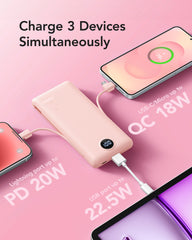 10,000mAh 22.5W Slim Power Bank, Built-in Cables & AC Plug