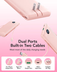 10,000mAh 22.5W Slim Power Bank, Built-in Cables & AC Plug