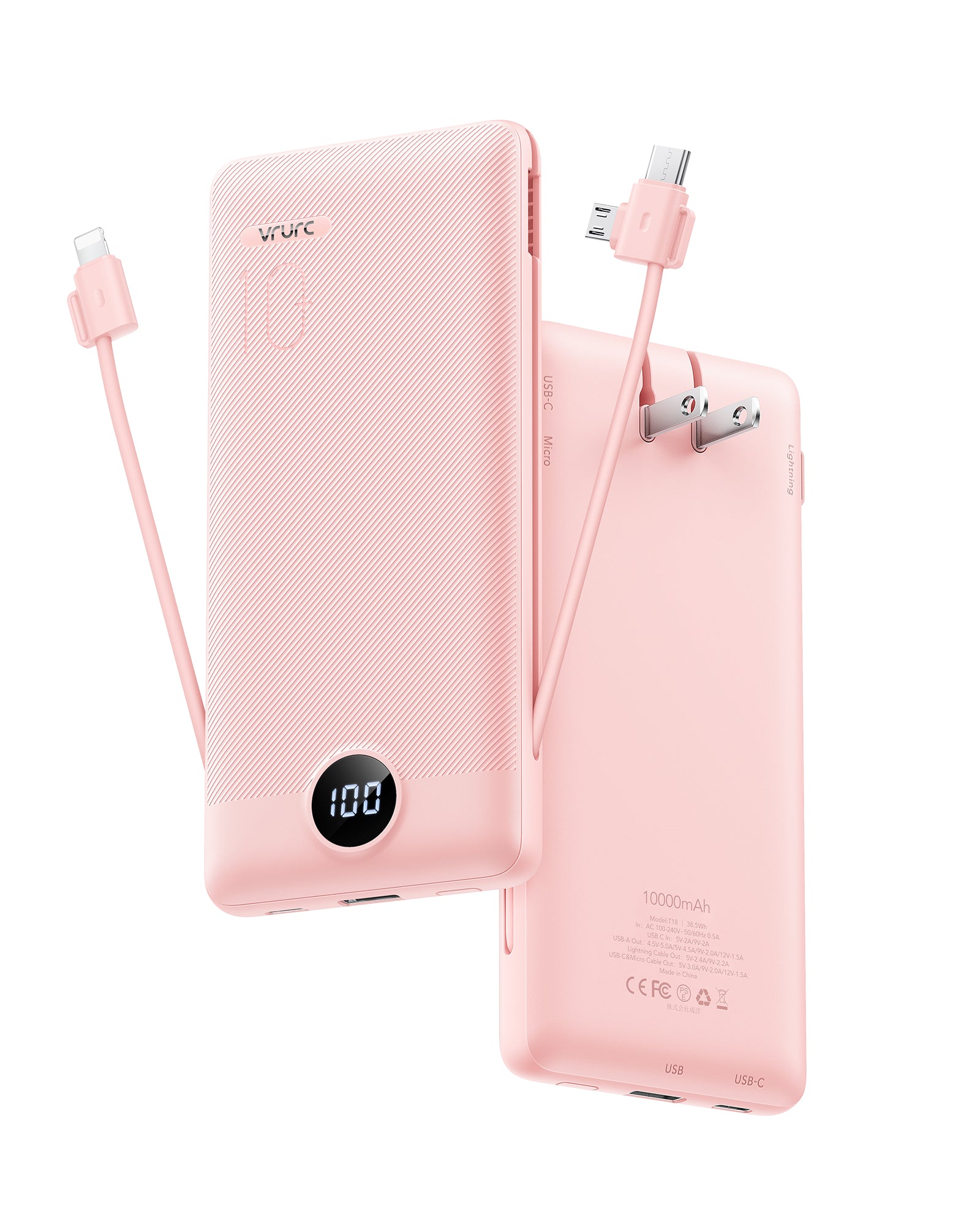 VRURC Slim Portable Charger 10000mAh with Wall Plug - Pink