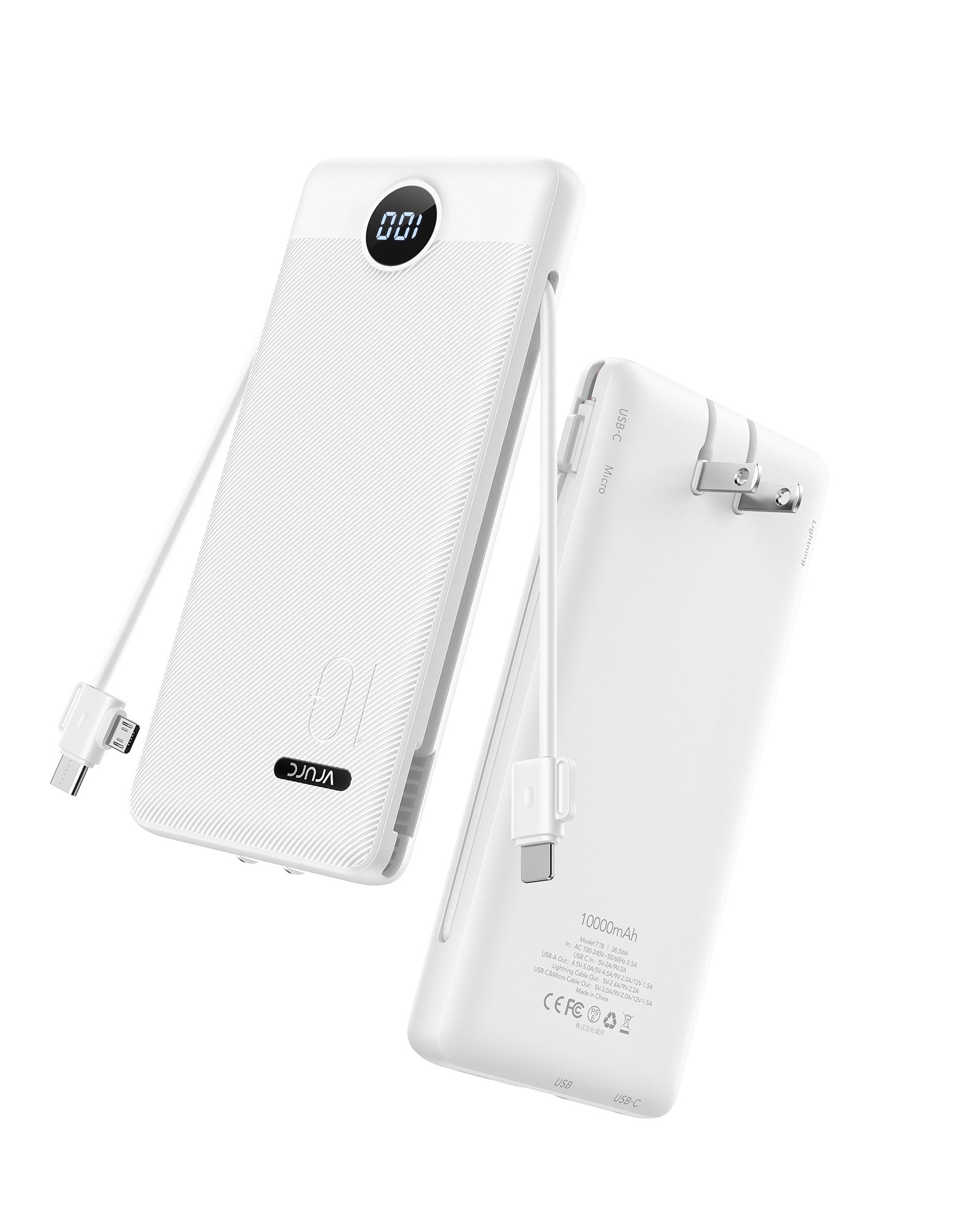 VRURC Slim Portable Charger 10000mAh with Wall Plug - White