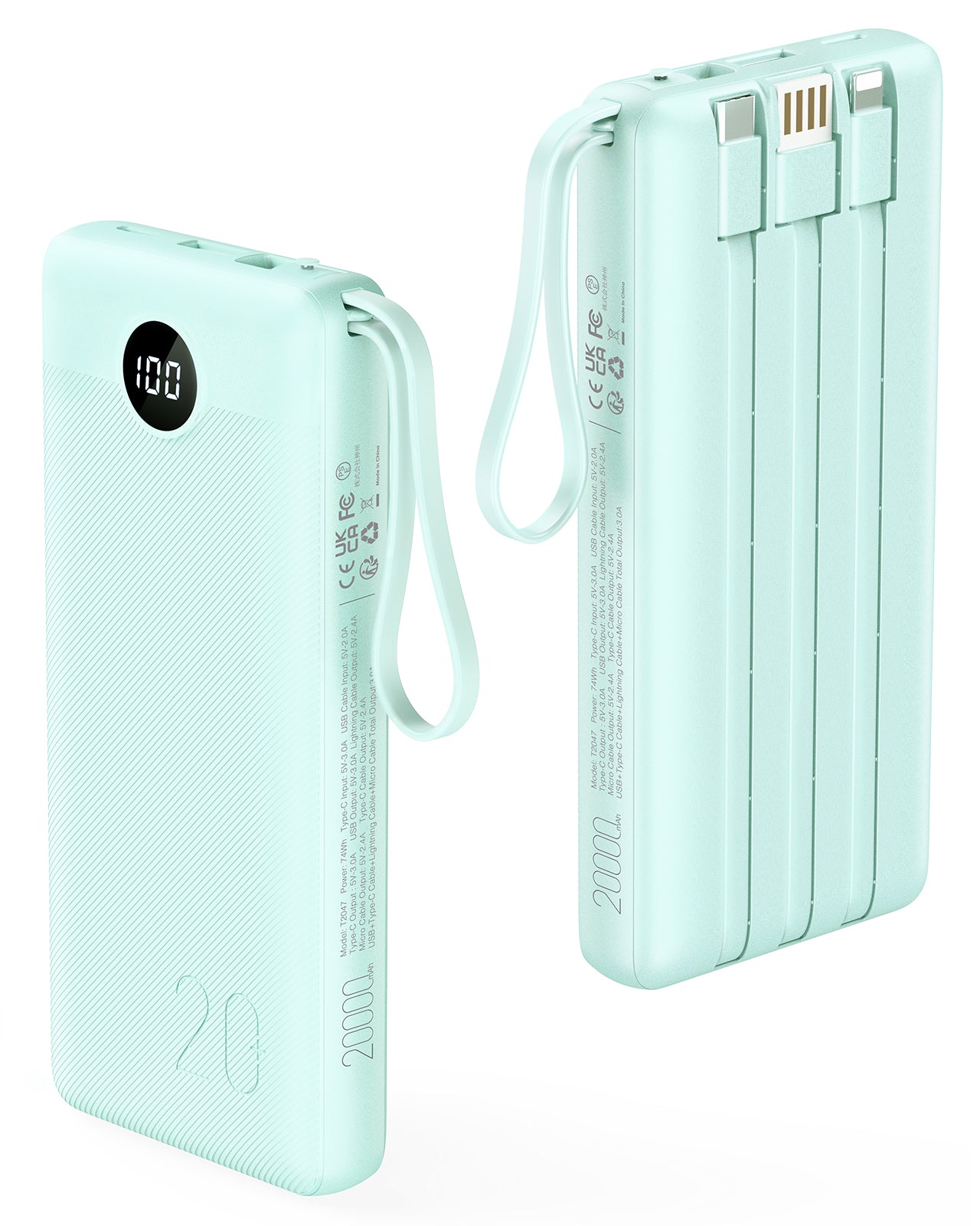 VRURC 20000mAh Built in Cords 22.5W PD & QC 3.0 Power Bank - Cyan