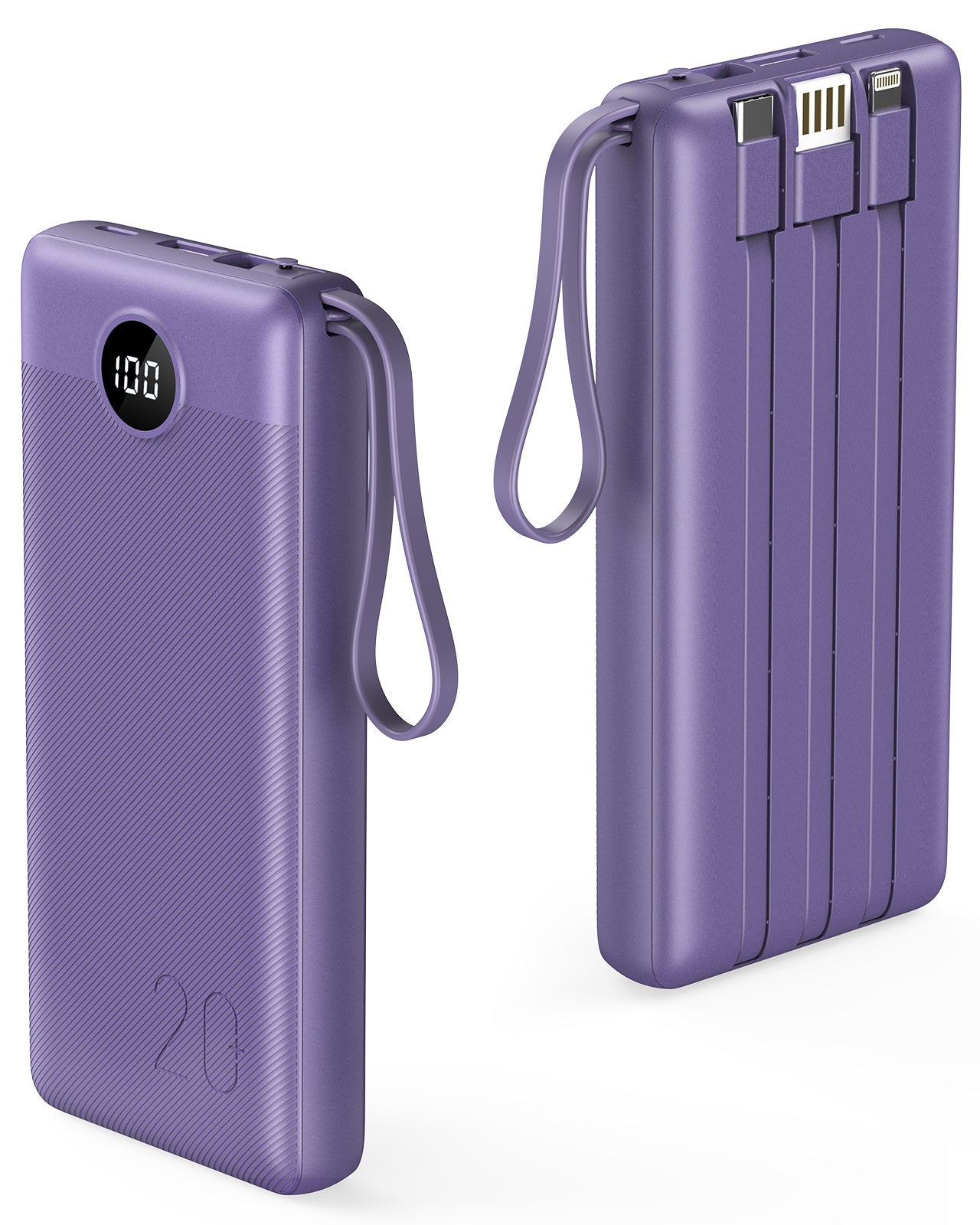 VRURC 20000mAh Built in Cords 22.5W PD & QC 3.0 Power Bank - Purple