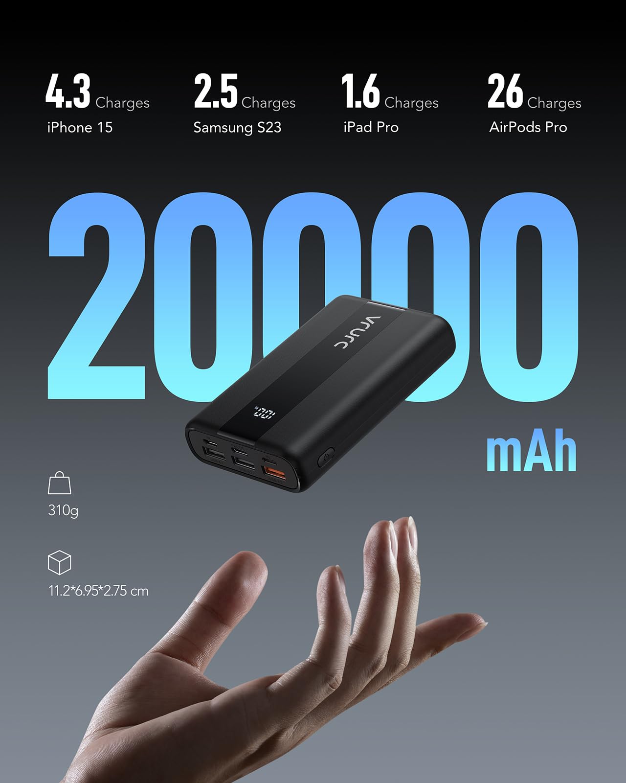 VRURC Powerbank 20000 mAh Power Bank con cavo, piccola USB C 22,5 W, QC3.0, ricarica rapida, portatile, batteria esterna per cellulare, piccola ma forte, con indicatore LED per iPhone Huawei VRURC Powerbank 20000 mAh Power Bank con cavo, piccola USB C 22,5 W, QC3.0, ricarica rapida, portatile, batteria esterna per cellulare, piccola ma forte, con indicatore LED per iPhone Huawei
