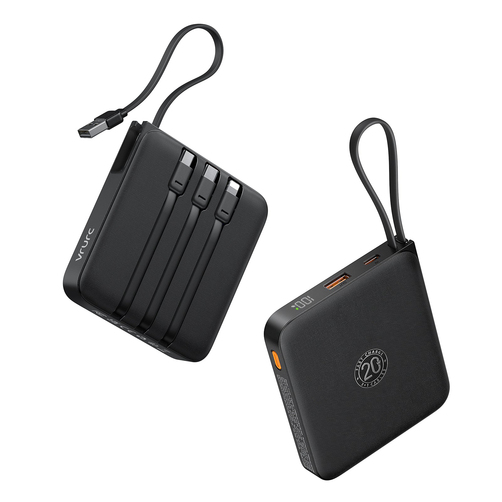 VRURC T2066 20000mAh Portable Charger with Built-in Cables - Black
