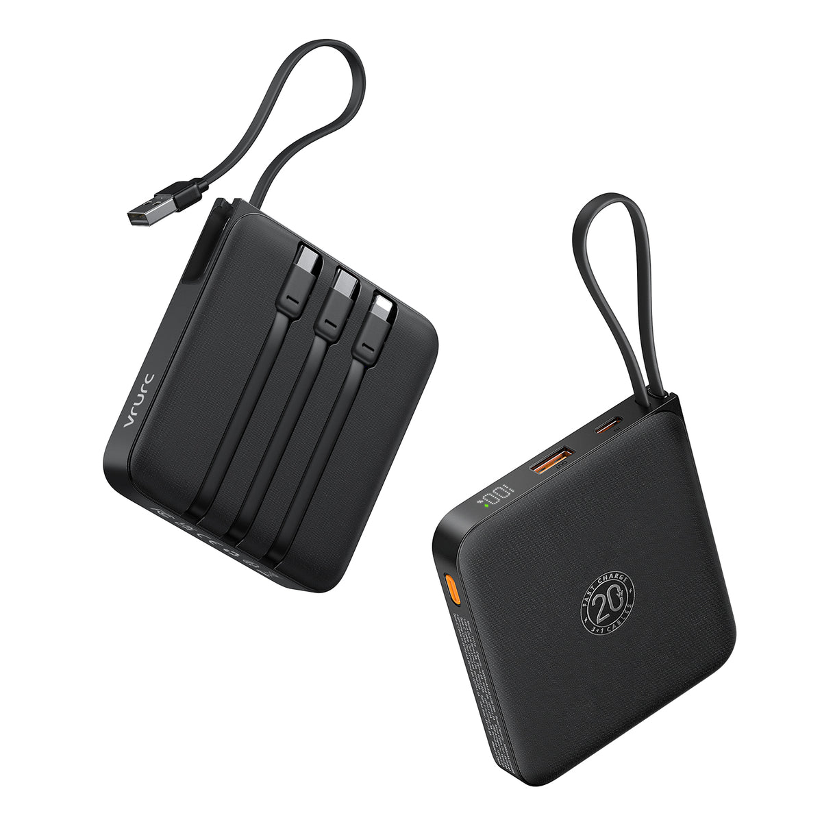 VRURC T2066 20000mAh Portable Charger with Built-in Cables - Black