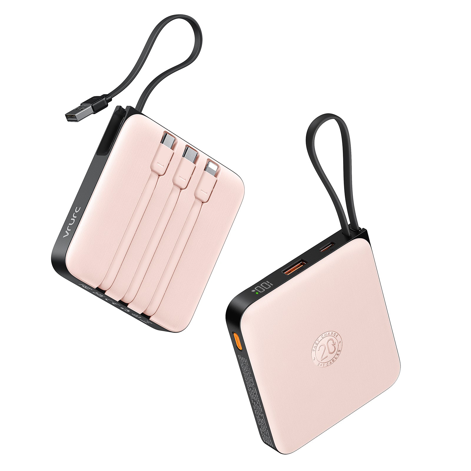 VRURC T2066 20000mAh Portable Charger with Built-in Cables - Pink