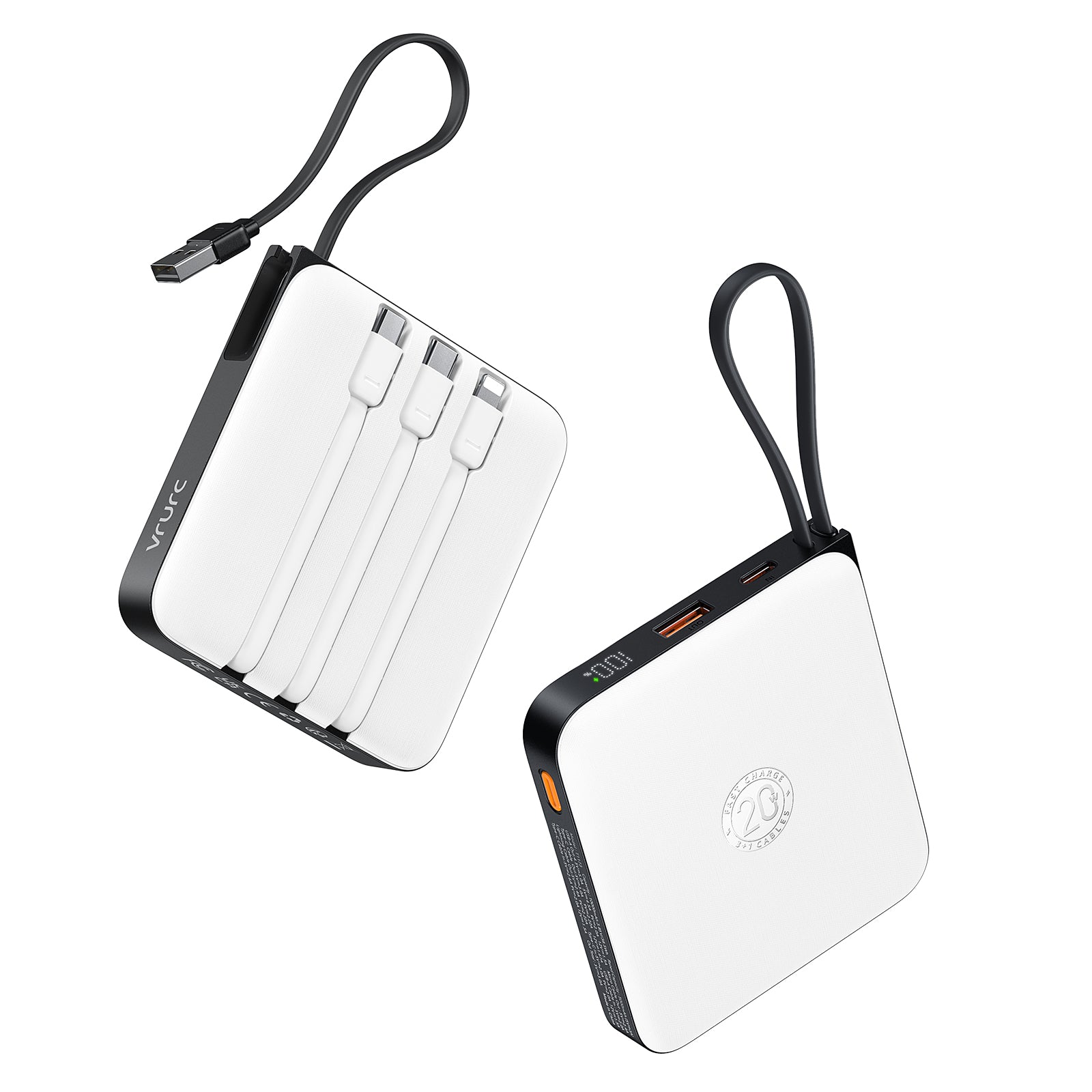 VRURC T2066 20000mAh Portable Charger with Built-in Cables - White