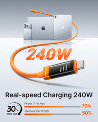 240W USB C to USB C Cable Fast Charging Retractable USB C Cable - Orange