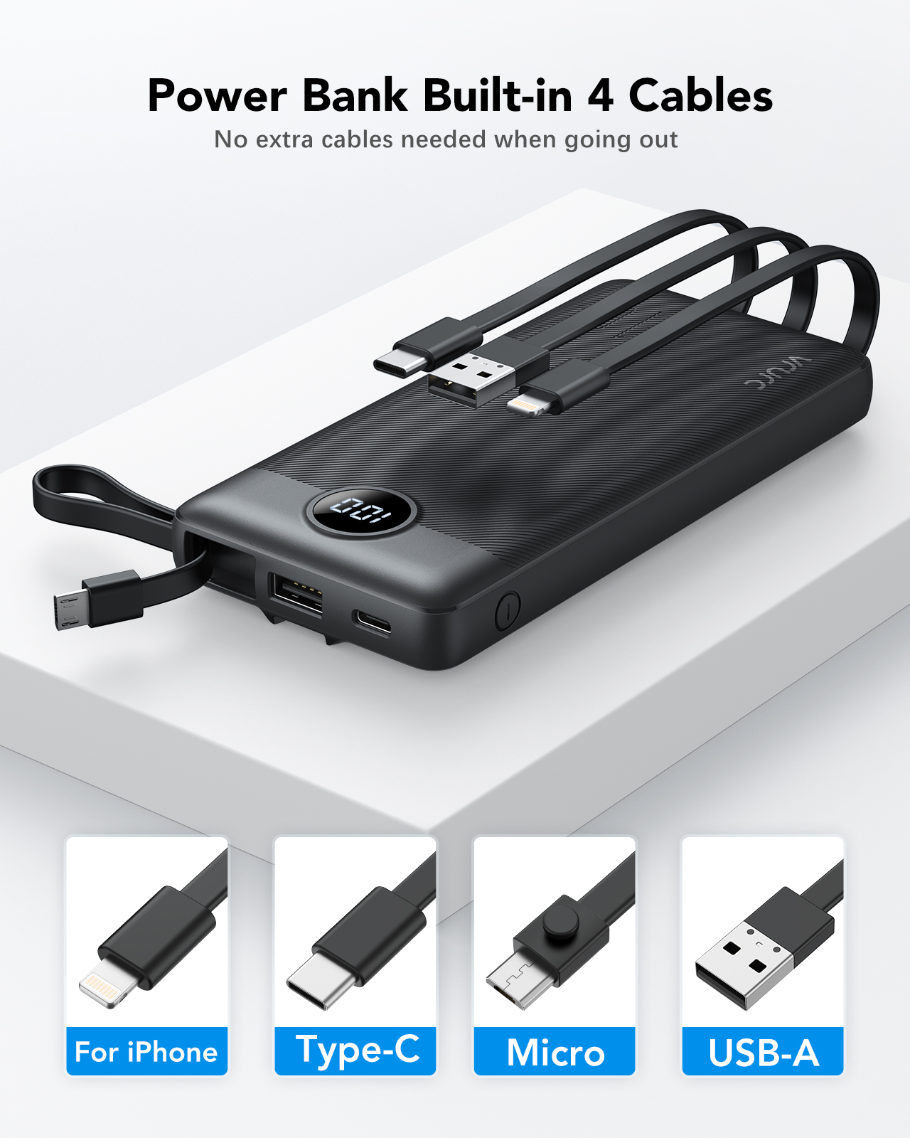 10000mAh Portable Charger Power Bank External Battery Pack w/ 4 Built-in  Cables